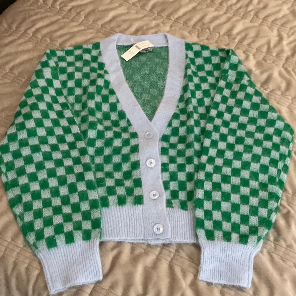 J. Crew Green and White Checkered Sweater